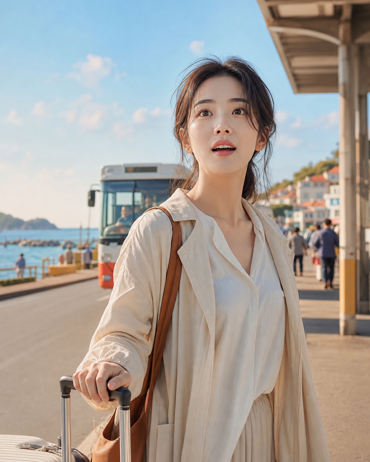 女孩拖着行李回到海边家乡的剧情画面